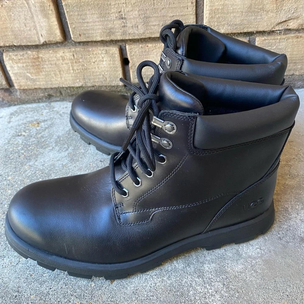 UGG Hannen Waterproof Leather Boots Wool Interior Black Men’s 9 Lug Sole NWOT